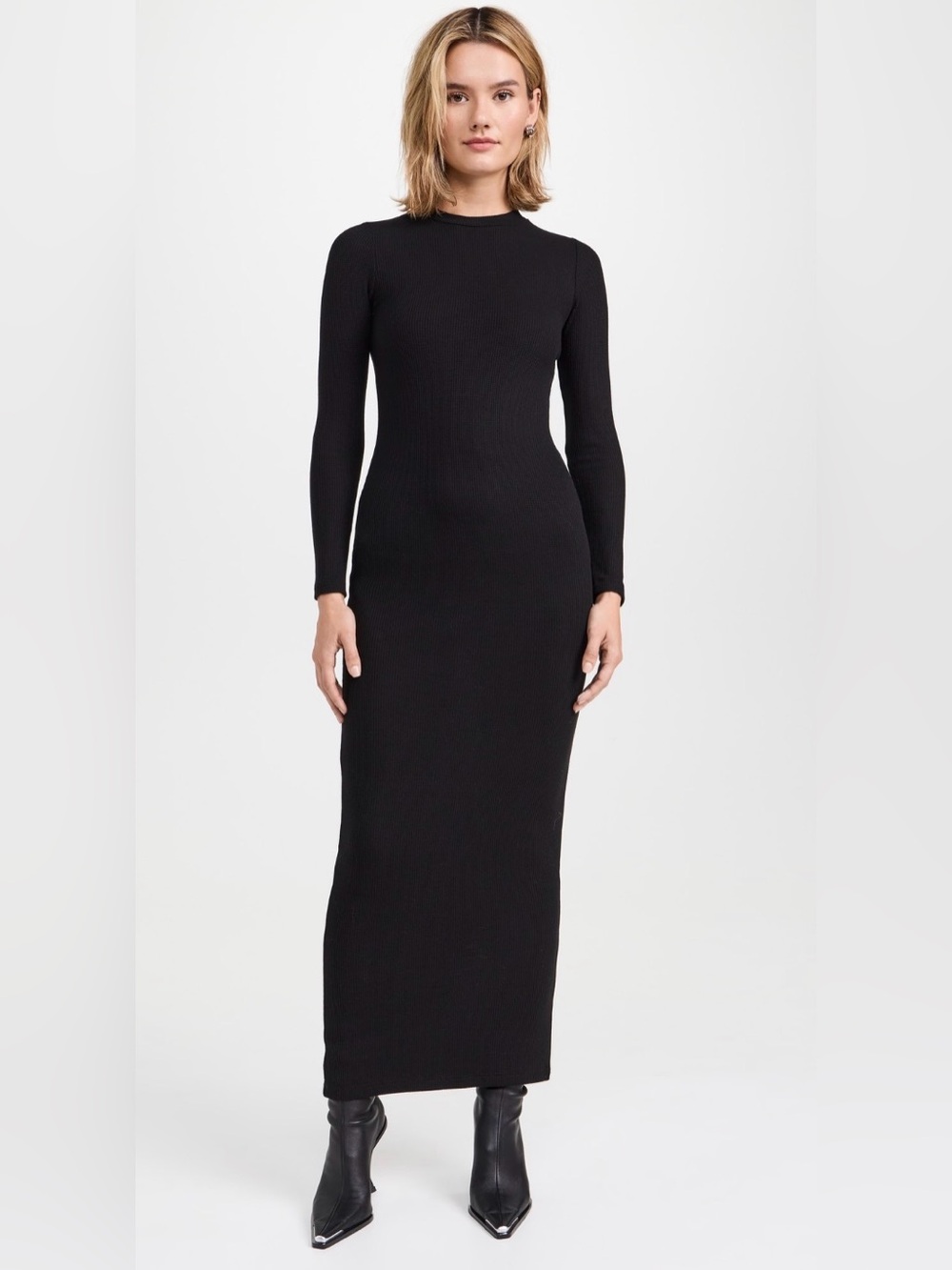 LNA Karlotta Waffle Knit Classic Black Long Sleeve Maxi Dress Small